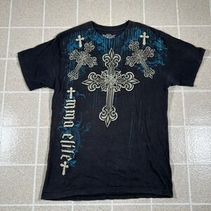 MMA Elite Shirt Mens Large Blue Black Cross Spellout Logo Graphic Tee Y2K